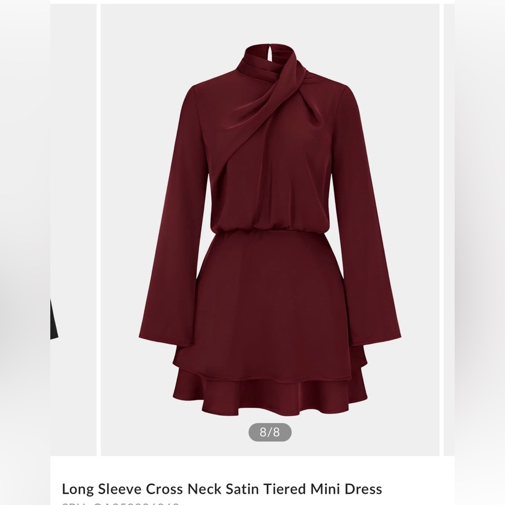 Commense Wine Red Long-Sleeve Satin Tiered Mini Dress